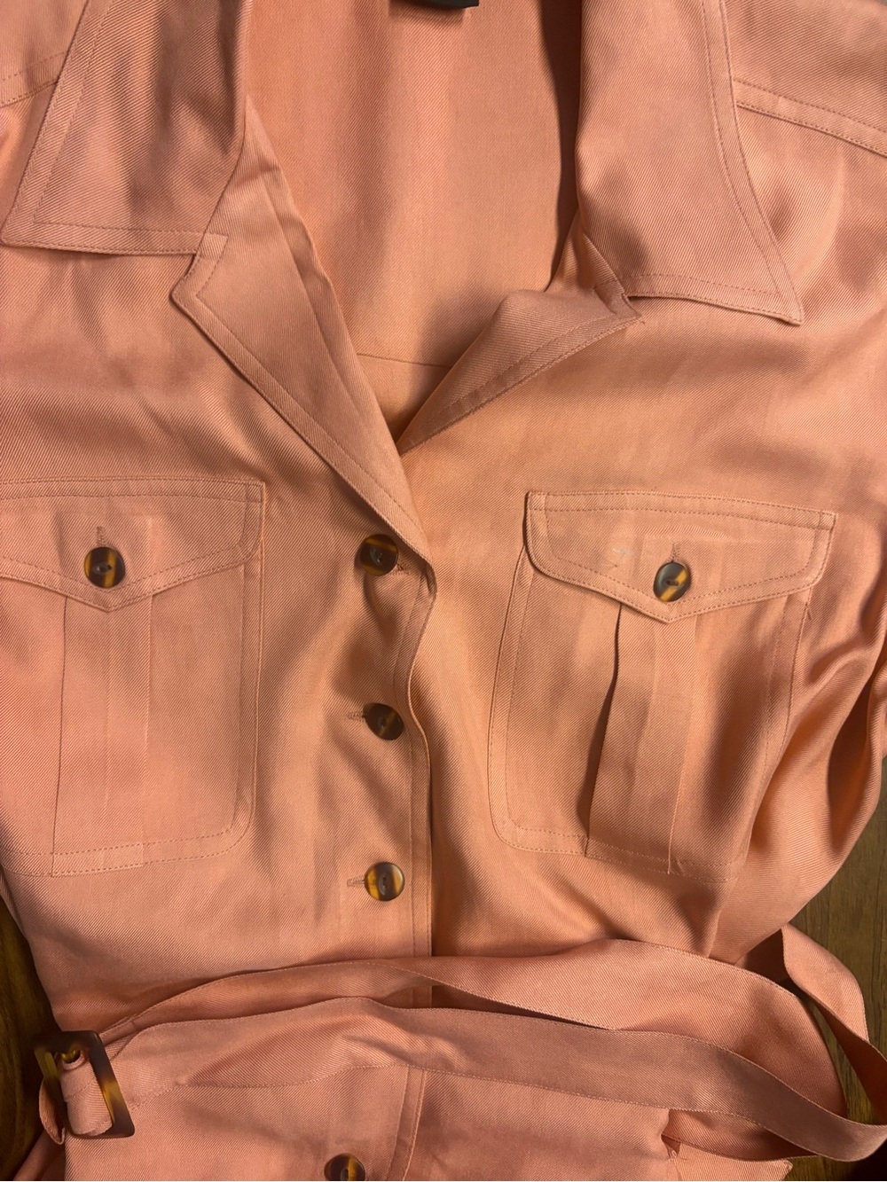 Metropolitan NewYork Coral Pink Button-Front Mini Dress with Self-Tie Belt, Silk - Picture 5 of 7